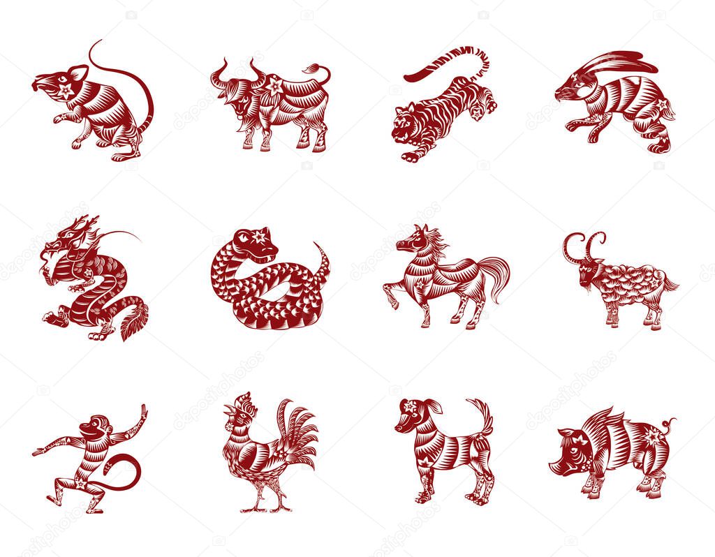 Set of the twelve Chinese Zodiac animals in silhouettes, lines, flowers, red and white colors: rat; ox, tiger, rabbit, dragon, snake, horse, goat, monkey, rooster, dog and pig.