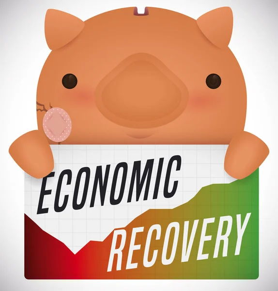 頬と包帯に亀裂のあるかわいい貯金箱は 経済回復を発表する肯定的なメッセージとチャートを保持 — ストックベクタ