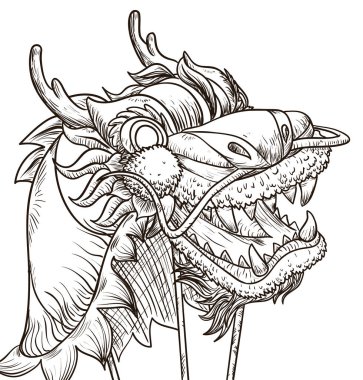 Çin dansı gösterisi için direkli ejderha kafası ve kostüm, el çizimi tarzında, beyaz arka planda izole edilmiş..