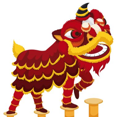 Çinli kırmızı aslan kostümü ve sütunlar üzerinde dövüş sanatları gösterisi sunan dansçılarla performans..