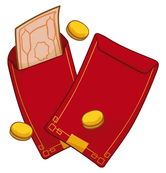 Dvojice Červených Obálek Jedna Otevřená Bankovkou Zlatými Mincemi Čínské Svátky — Stockový vektor