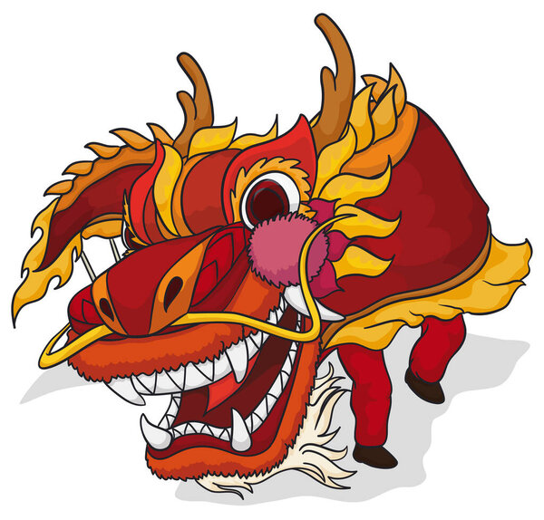 Танцоры, исполняющие китайский танец дракона в красных костюмах, изолированы на белом фоне.