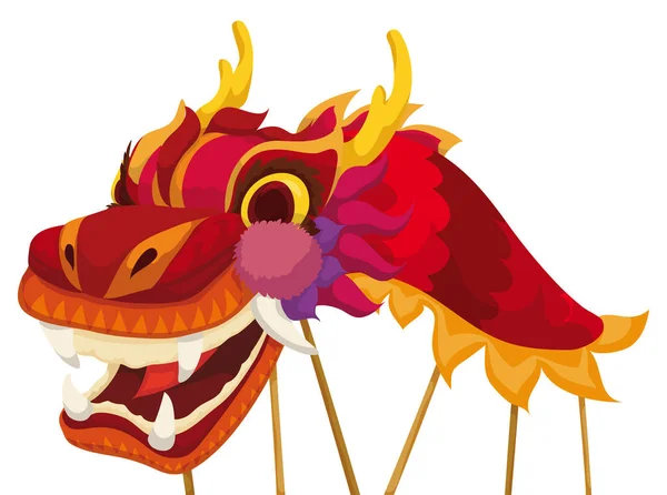 中国の祝日に伝統舞踊を披露する準備ができている赤い龍の衣装は 白い背景に隔離されています — ストックベクタ