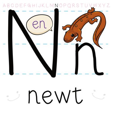 Newt kertenkelesi N harflerinin üzerinden tırmanıyor, alfabetik bir macera öğrenmeye hazır..