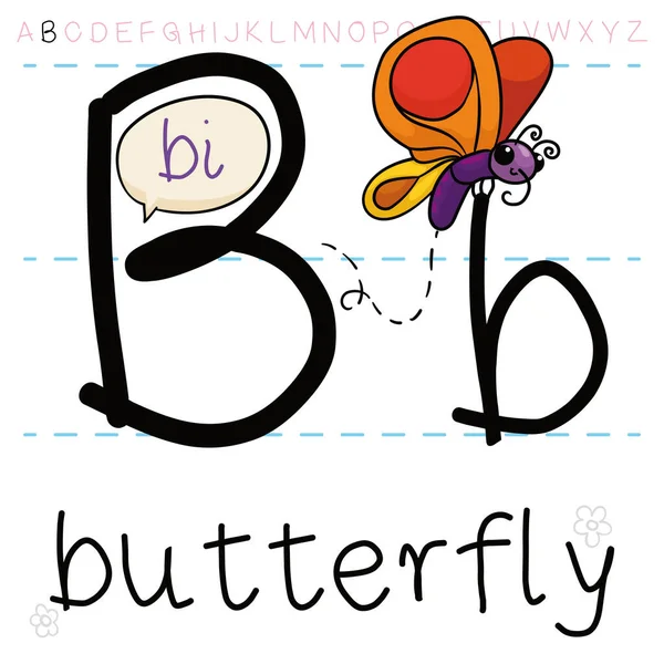 美丽可爱的蝴蝶在信上飞来飞去 准备好学字母 举一个例子 B是蝴蝶的 — 图库矢量图片