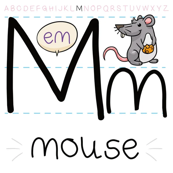 调皮而又饿的老鼠拿着一块奶酪片准备上语法课 学习字母M的字母 — 图库矢量图片