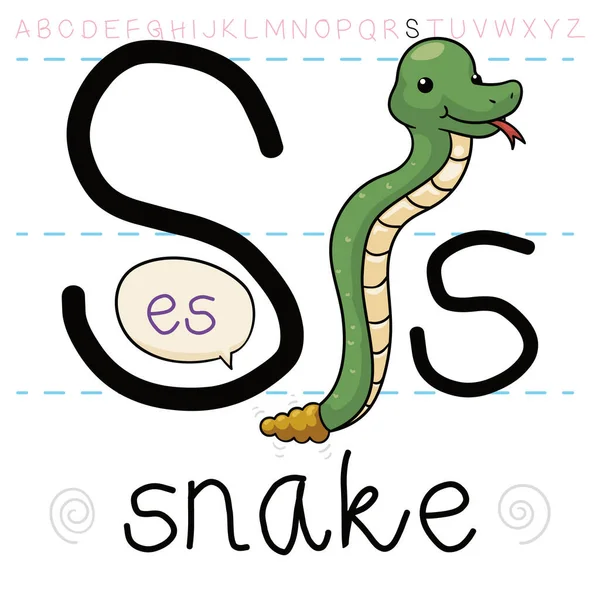 Serpent Long Avec Hochet Souriant Glissant Travers Les Lettres Apprenant — Image vectorielle