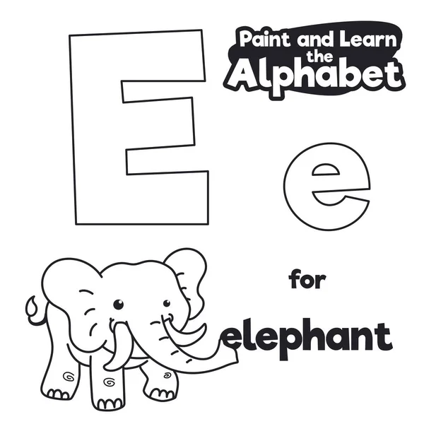 爱玩的大象 长着大象牙和长长的树干 随时准备用带有大写和小写字母E的教学字母表涂色 — 图库矢量图片