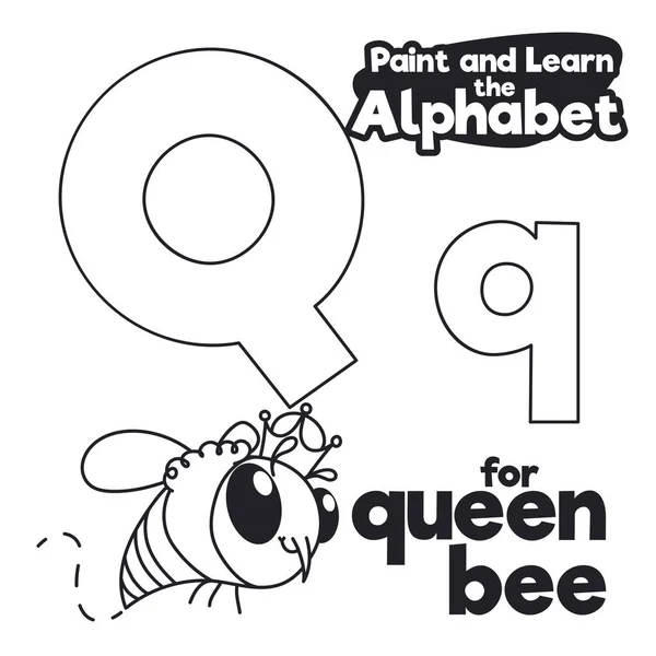 エレガントで空飛ぶ女王蜂は アルファベットの簡単な学習のための手紙Q MajusculeとMinusculeで 着色される準備ができて — ストックベクタ