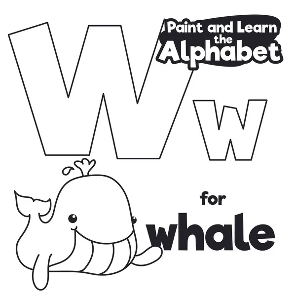 白鲸用字母W Majuscule和Minuscule向你致意 并准备为你配色 供你学习字母 — 图库矢量图片