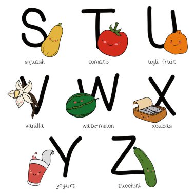 S 'den Z harflerine kolayca öğrenebilmek için farklı yiyecekleri içeren didactik alfabe: kabak, domates, ugli meyvesi, vanilya, karpuz, xoubas, yoğurt ve kabak..