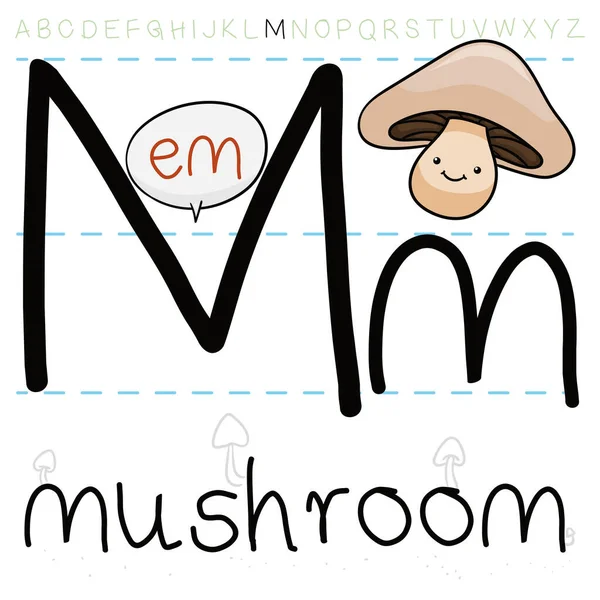 有大帽子的蘑菇 准备好了语法课和英文字母M的拼写课 — 图库矢量图片