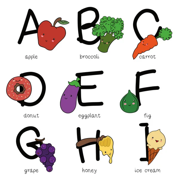 Διδακτικό Και Θρεπτικό Αλφάβητο Χαριτωμένα Παραδείγματα Διαφορετικών Τροφίμων Για Μάθετε — Διανυσματικό Αρχείο
