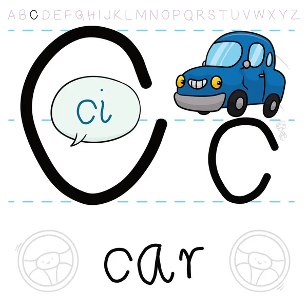 Smiling Car Practicando Pronunciación Letra Inglés Aprendiendo Alfabeto — Vector de stock