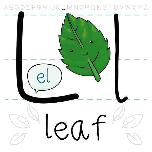 Feuille Verte Souriante Apprenant Alphabet Pratiquant Lettre Prononciation — Image vectorielle
