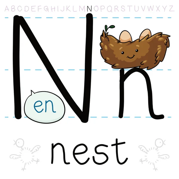 用稻草做的快乐鸟巢 里面有两个蛋 学习语法课和英文字母 的发音 — 图库矢量图片