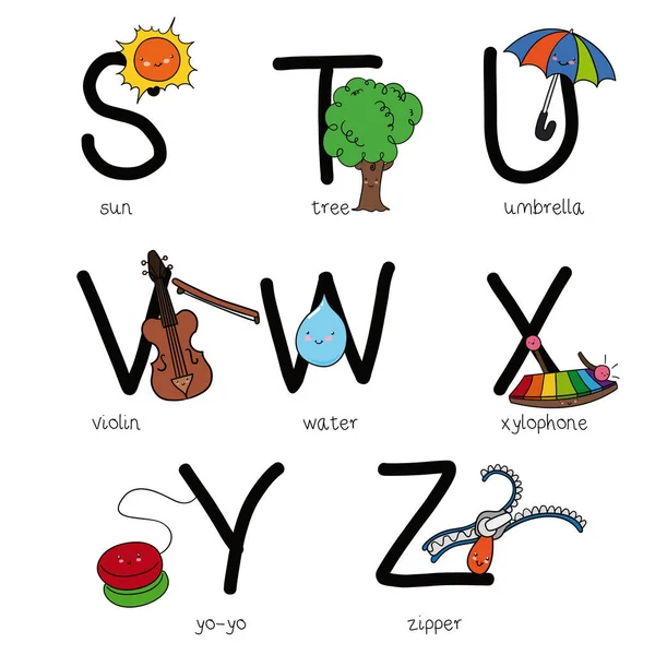 Alfabeto Infantil Con Bonitos Ejemplos Diferentes Objetos Para Aprenderlo Fácilmente — Vector de stock