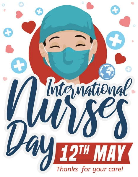美しい看護師 彼女の周りに十字架と心を持ちます 促進し 国際看護師の日を祝うこの12 — ストックベクタ