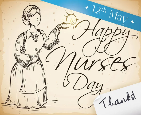 Scorri Con Disegno Florence Nightingale Con Una Lampada Messaggio Gratitudine — Vettoriale Stock