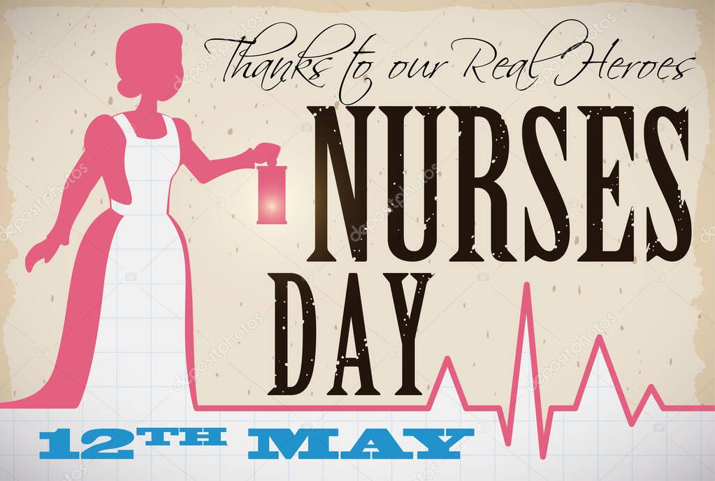Silhouette of Florence Nightingale holding a lamp and wearing an apron, heartbeat, scroll, squared exam and gratitude message, promoting Nurses Day celebration this 12th May.