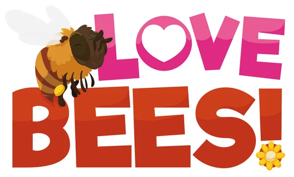 可愛くて幸せな蜂は ハートと花で飾られた挨拶メッセージを飛び回り それへの愛を促進します — ストックベクタ