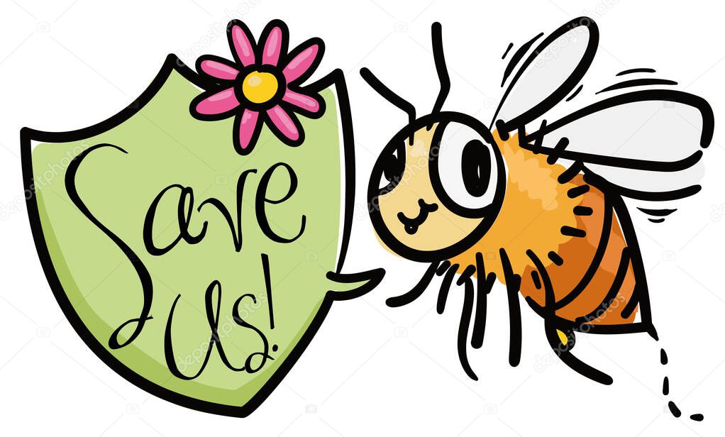 Happy bee with speech bubble like shield and flower, calling for conservation efforts for this special insects.