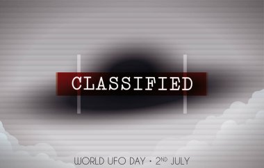 2 Temmuz 'daki Dünya UFO Günü kutlamalarında, gökyüzü görüntüsü ve bulanık bir uzay gemisi ve sınıflandırılmış bir etiket gibi garip uçan nesne içeren kamera vizörü..