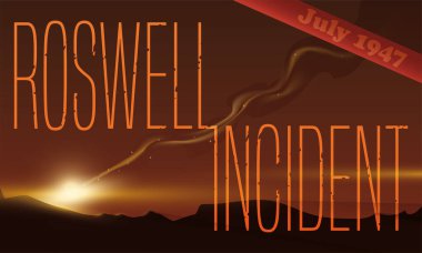 Sky view with falling object, smoke and debris ready to commemorate Roswell Incident. clipart