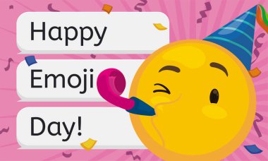 Parti şapkası ve boynuzuyla mutlu emoji gününü konfeti banyosunun altında kutluyor..
