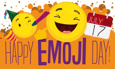 17 Temmuz 'da Emoji Günü kutlamaları için neşeli tasarım, gülümseme, parti ve takvim emojileriyle.