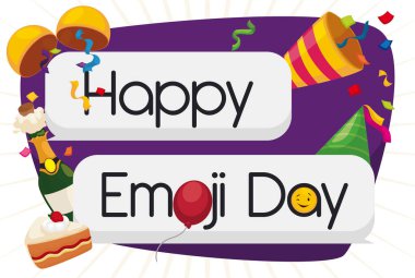 Sohbet baloncukları, şenlikli parti öğeleri ve mutlu bir Emoji Günü 'nü kutlamak için göz kırpan yüzle birlikte hatıra işareti: kırmızı balon, parti şapkası, konfeti topu, flamalar, pasta ve şampanya..