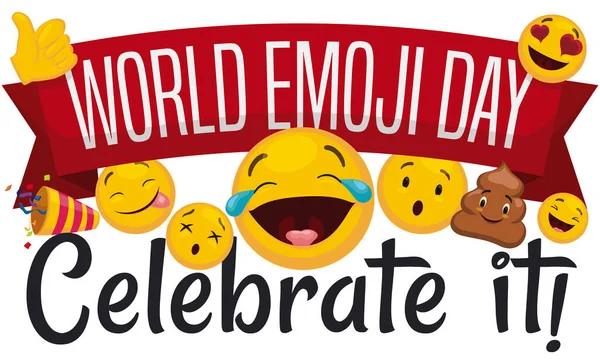 Invitation Celebrate World Emoji Day Ribbon Festive Faces Savouring Food — 图库矢量图片