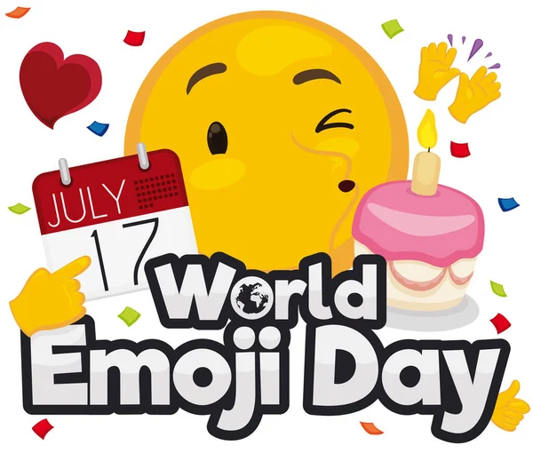 Happy Yellow Emoji Blowing Cake Calendar Heart Hands Celebrating Party — 图库矢量图片