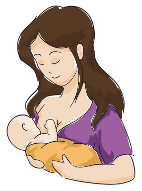 Bebeğiyle gülümseyen annenin suluboya stilinde güzel bir tasarım. Onu güzel bir şekilde emziriyor..