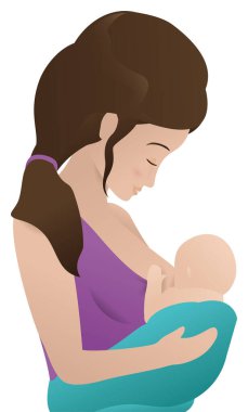 Mutlu esmer ve ilk kez genç bir anne, bebeğini taşıyor ve emziriyor..