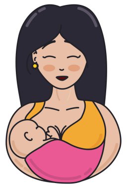 Neşeli bir annenin bebeğini sevgiyle ve özenle emzirmesi ön planda, düz bir şekilde ve beyaz arka planda izole edilmiş..