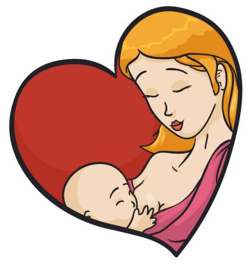 İçinde sarı saçlı bir anne olan kırmızı kalp bebeğini sevgi ve özenle emziriyor..