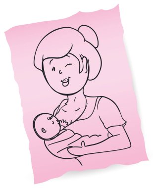 Pembe paçavra bir kağıtta, kucağında bebeğiyle sana göz kırpan ve onu emziren bir annenin hoş bir eskizi..