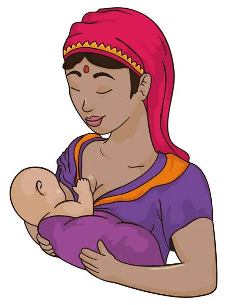Mãe Indiana Com Roupa Tradicional Sari Turbante Amamentando Seu Bebê — Vetor de Stock