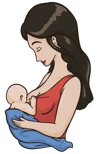 Tendre Maman Brune Aux Cheveux Longs Style Dessin Animé Allaitant — Image vectorielle