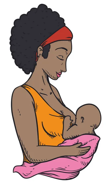 Alnında Bandana Kıvırcık Saçlarıyla Bebeğini Kucağına Alıp Sevgiyle Emziren Koyu — Stok Vektör
