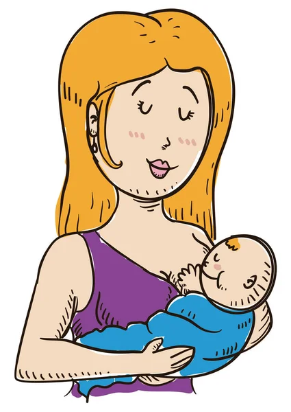 Sarışın Mutlu Bir Annenin Kucağında Bebeğiyle Onu Emzirmeye Hazır Bir — Stok Vektör