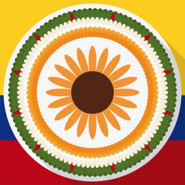 Kolombiya bayrağı üzerinde düz ve uzun gölgeli dev ayçiçeğiyle süslenmiş Çiçekler Festivali için dairesel Silleta tasarımı.