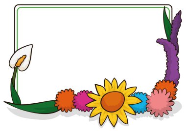 Yaprak ve çiçeklerle dekore edilmiş boş kare çerçeve şablonu: anthuriums, ponpon, karikatür tarzında papatya ve lavanta, beyaz arkaplan üzerinde izole.