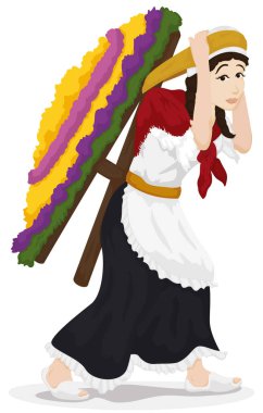 Woman wearing traditional garment and holding on its back a Silleta for the Colombian Festival of the Flowers parade. clipart