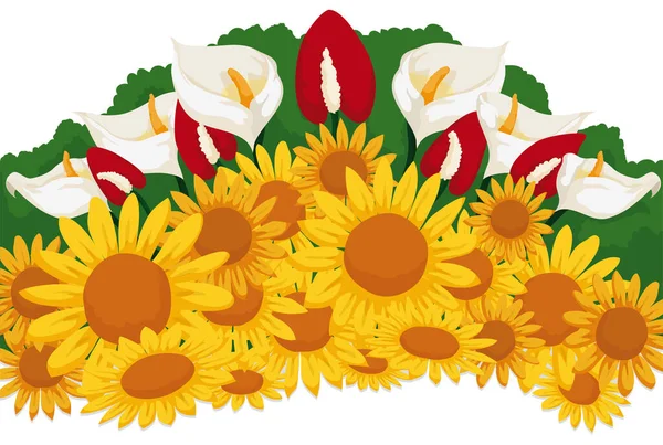 Çiçeklerle Yapılan Güzel Düzenlemeler Sarı Papatyalar Kırmızı Anthuriumlar Beyaz Zambaklar — Stok Vektör