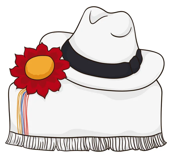 红花和传统的比萨服装 白色草帽 带有哥伦比亚国旗色和条纹的斗篷 白色背景 — 图库矢量图片