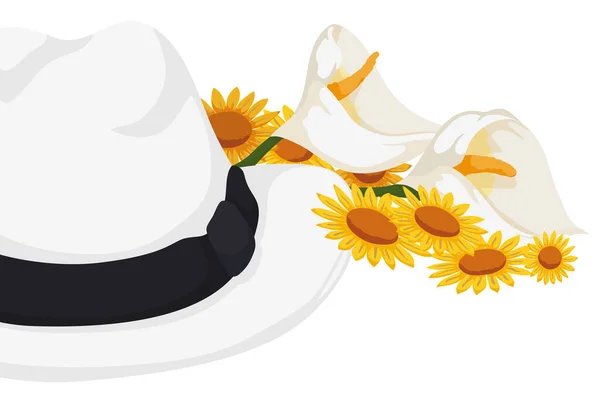 带有白色帽子和一些花的横幅图案 美丽的花冠百合花和黄色雏菊 白色背景 — 图库矢量图片