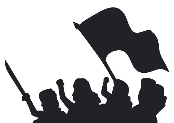 Silhouettes of people ready for the battle with a waving flag, sword and raised fists.