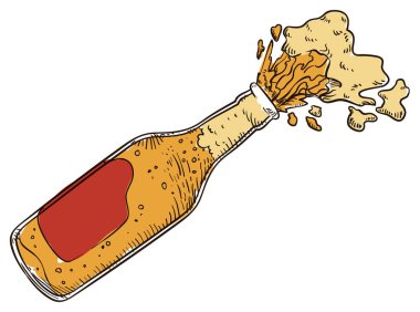 Elle çizilmiş bira ve köpükle etiketlenmiş açık cam şişe..